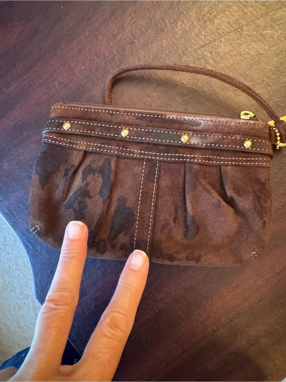 vintage Coach Hamptons Mosaic patchwork suede wristlet brown brass